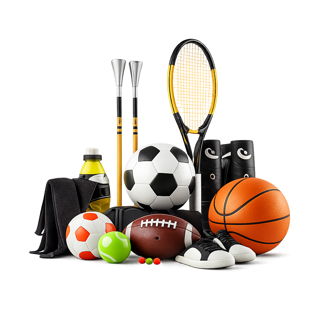 Collection of sports equipment including balls and rackets on a white background