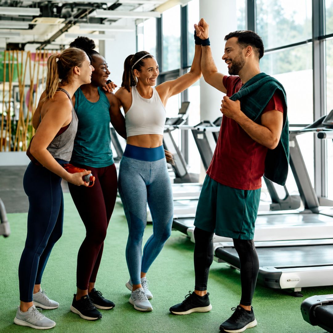 Group of people high-fiving in a gym setting