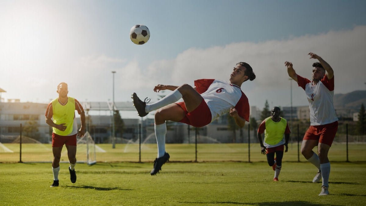 Soccer player in red and white kicking a ball on a field with other players.